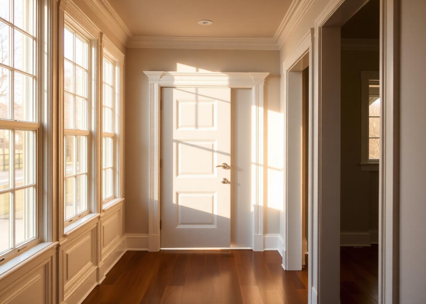 Sunlit hallway with classical door casings